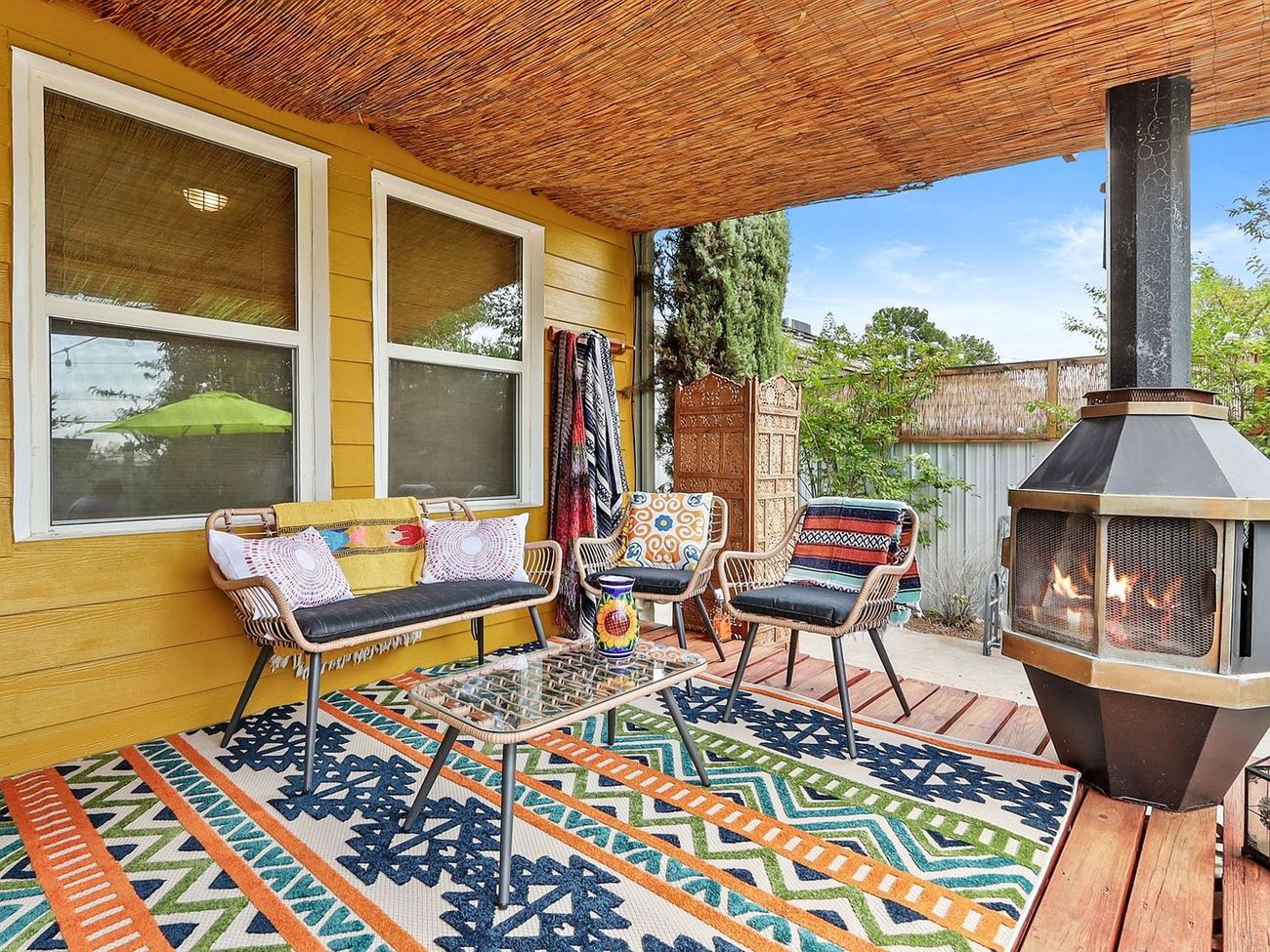 The covered patio at the El Prado Avenue Airbnb Kristian created