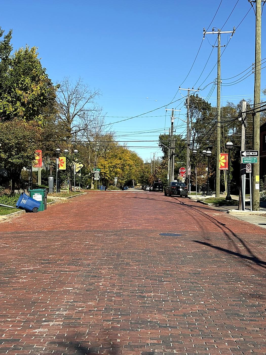 The brick street and banners in Kerrytown