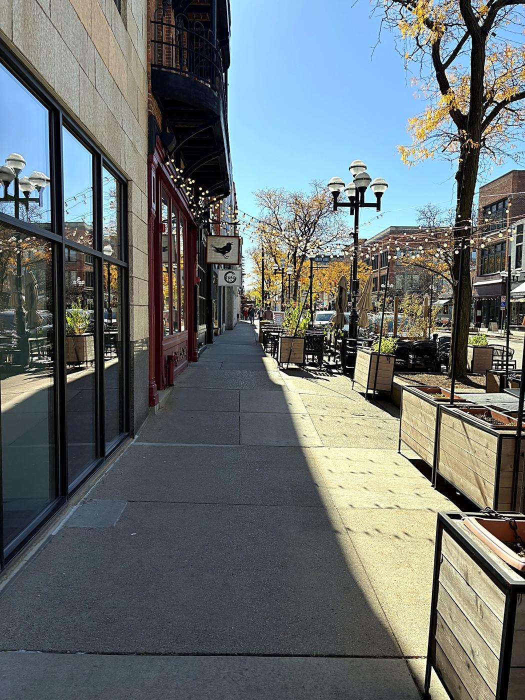 Shops and sidewalk planters along Main Street in downtown Ann Arbor