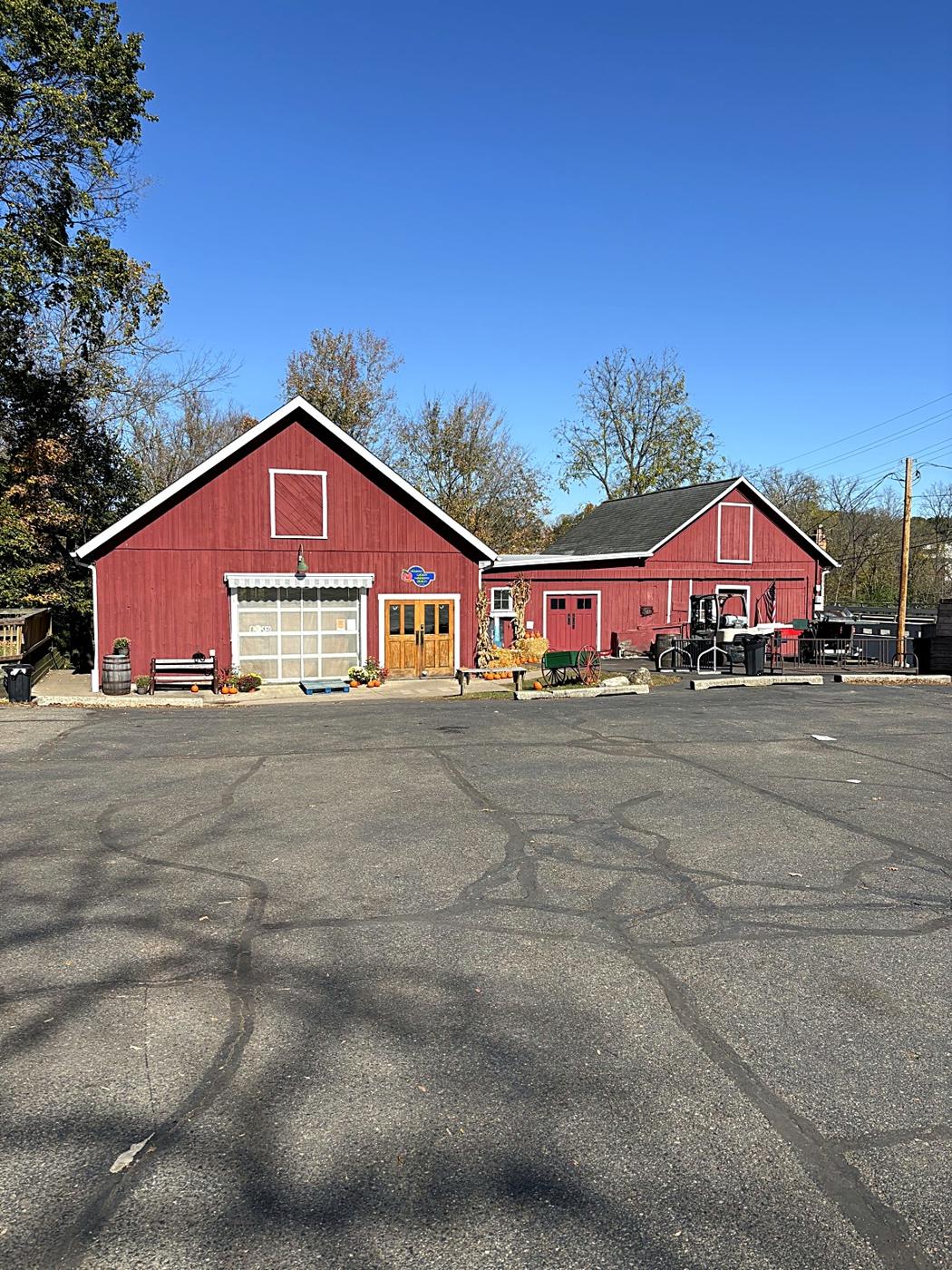 Red barns at the edge of downtown Dexter