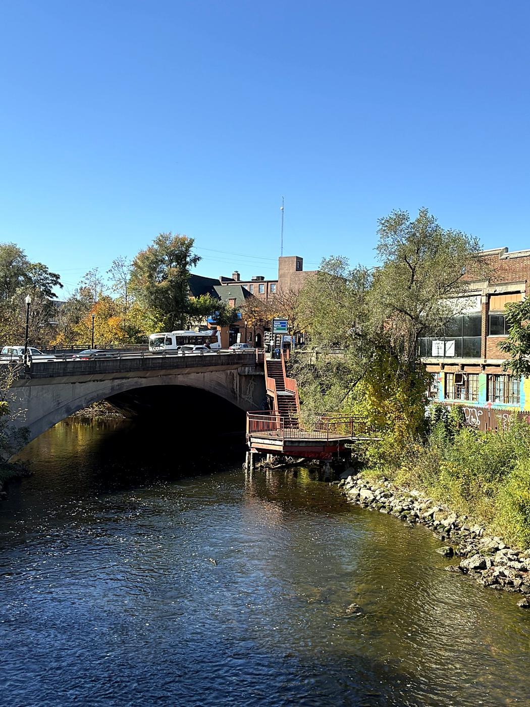 The Michigan Avenue bridge and viewing platform over the Huron River