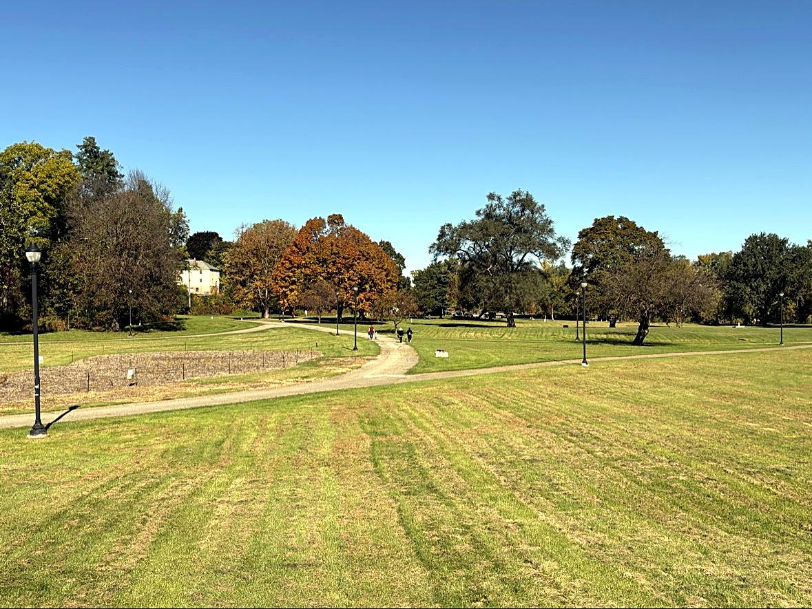 The wide lawns of Riverside Park under fall trees