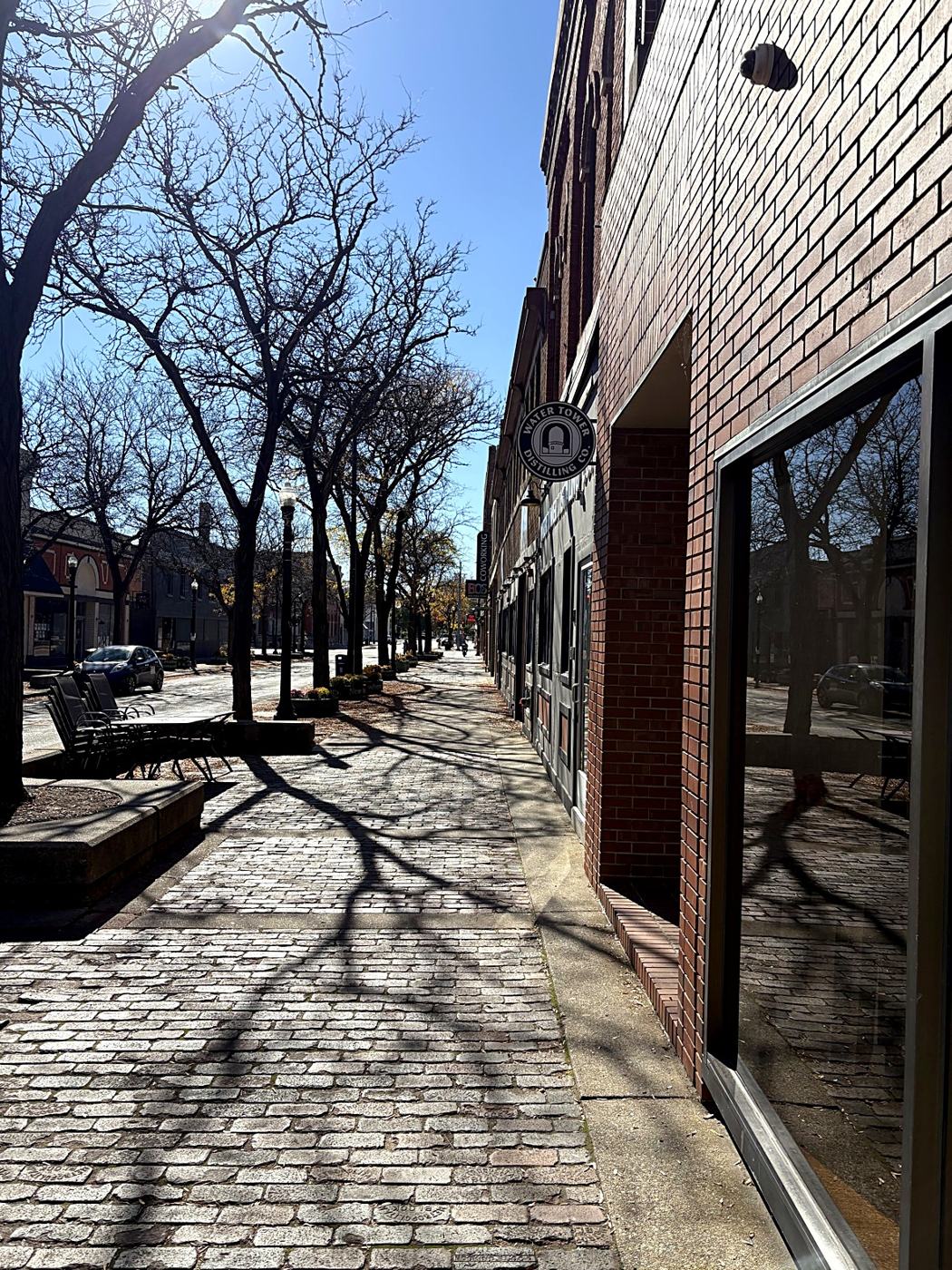 A brick sidewalk in downtown Ypsilanti, with the Water Tower Distilling sign
